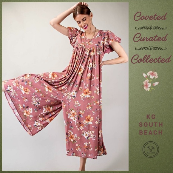 EASEL Flowy Oversized Ultra Wide Leg Romper Ruffled Bubble Sleeves Keyhole Back - Picture 10 of 16